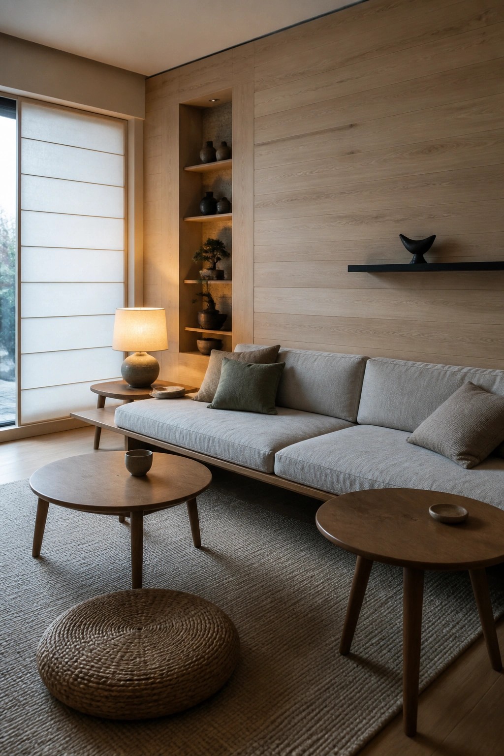 A living room featuring a long gray sofa against a wall of horizontal light wood planks, with built-in shelves holding vases and plants.
