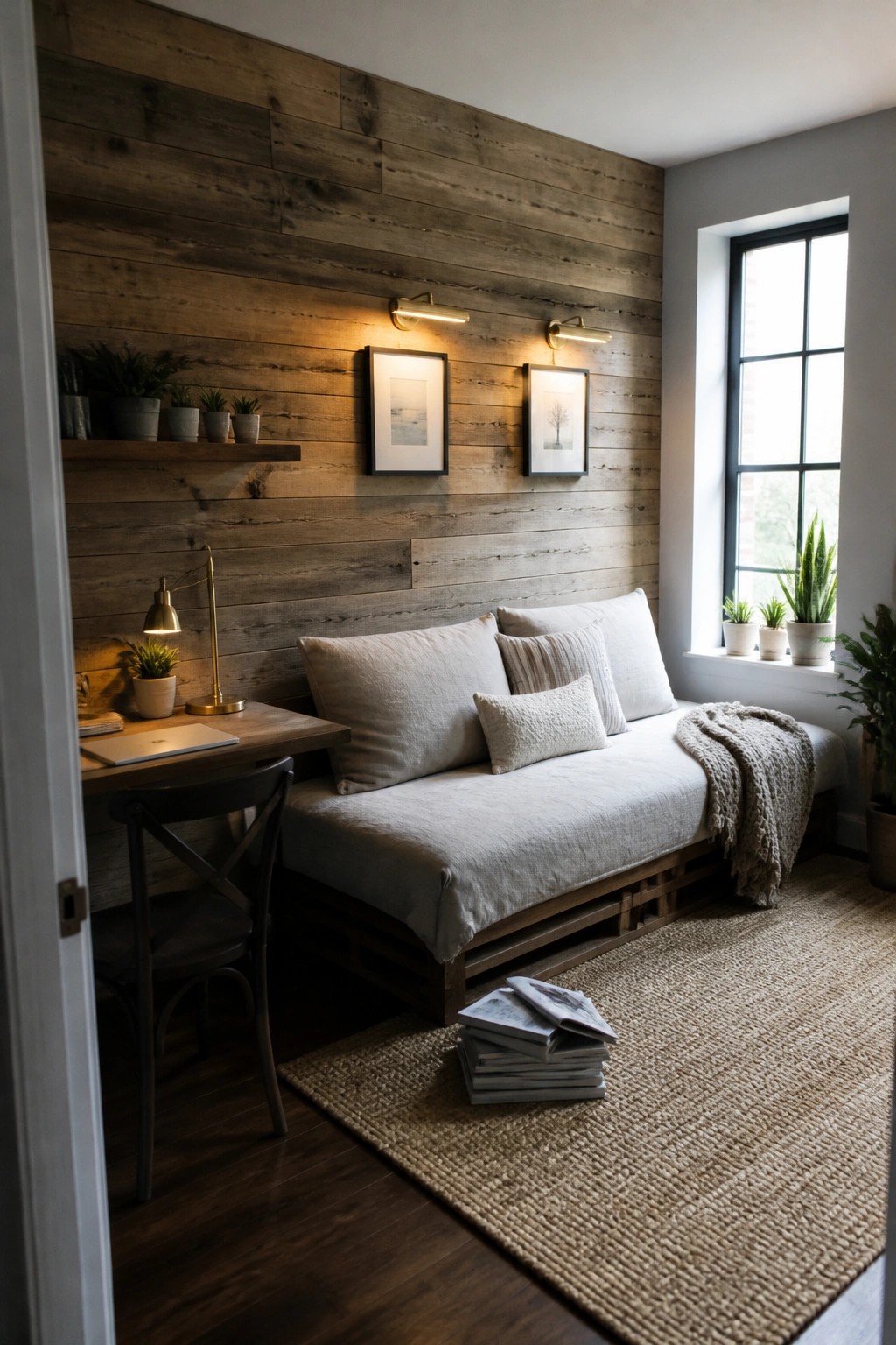 A living room featuring a horizontal reclaimed wood accent wall behind a white daybed, with a desk and chair on the left and a large window on the right.