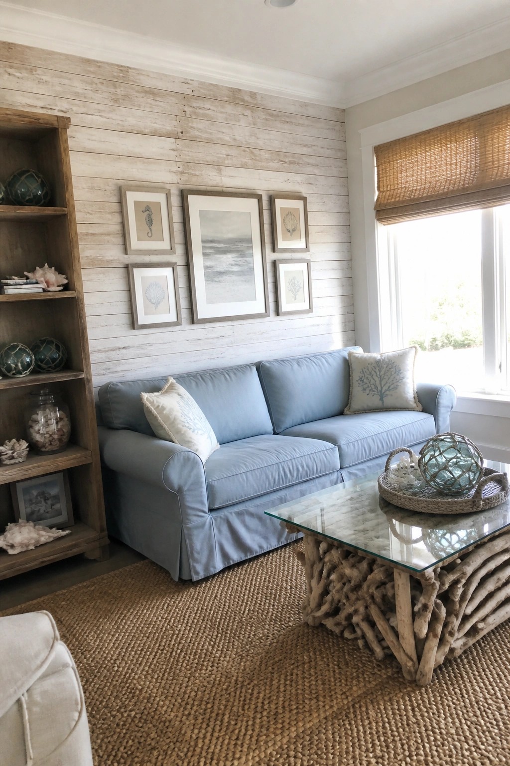 A living room with a light blue sofa against a horizontal whitewashed wood plank wall, framed coastal prints above the sofa, and a glass-top coffee table on a woven rug.