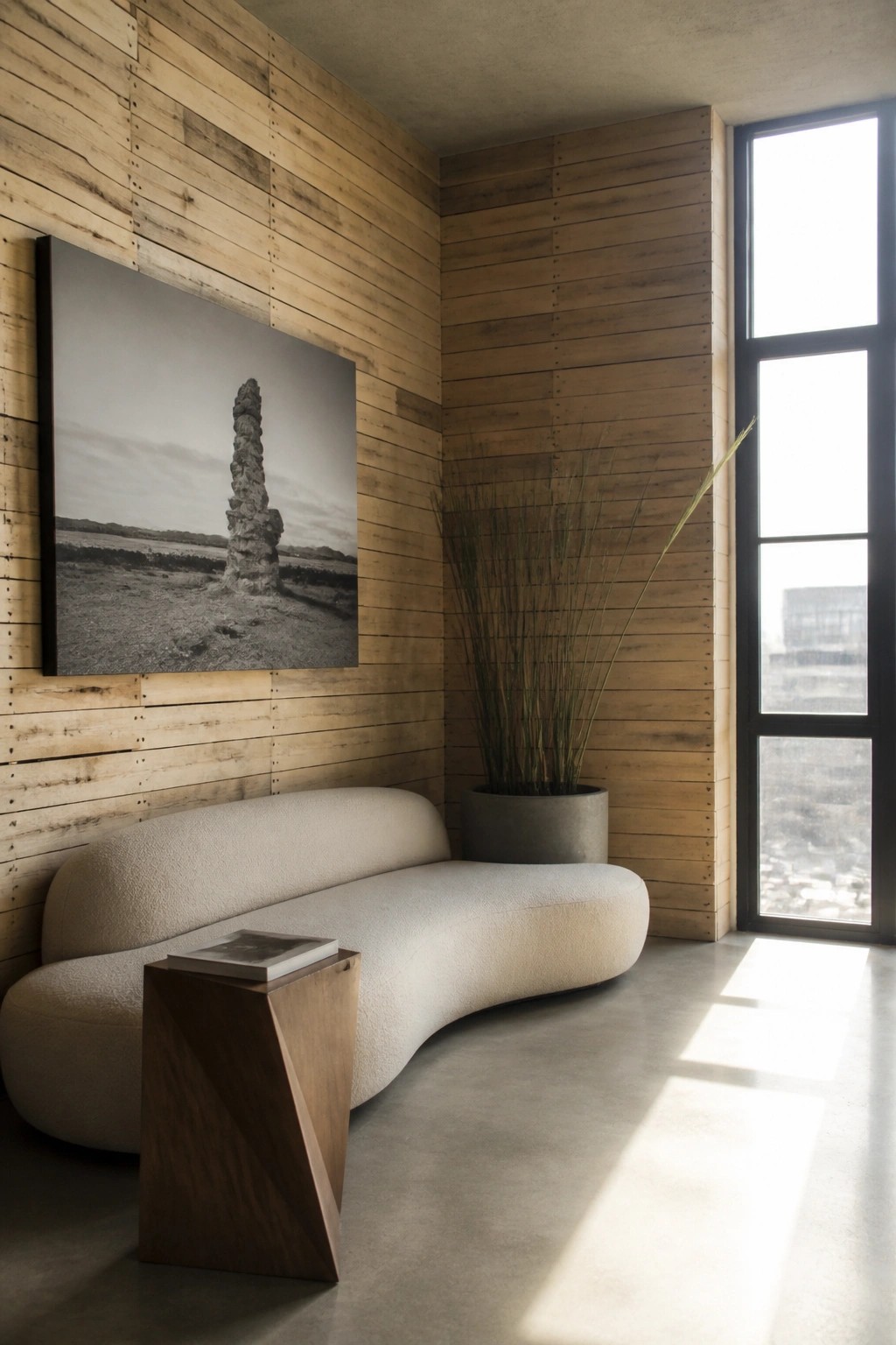 A living room corner with a horizontal reclaimed wood accent wall, a curved beige sofa, a wooden side table, a potted plant, and a large black and white photograph.