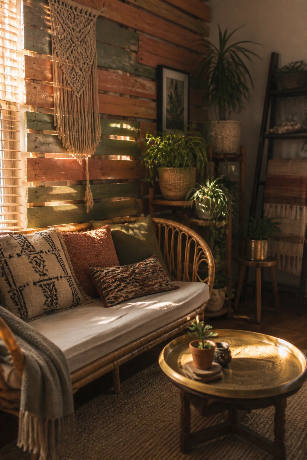 A living room scene showing a multicolored wooden pallet accent wall behind a rattan sofa with cushions, a macrame wall hanging, and several potted plants on nearby shelves.