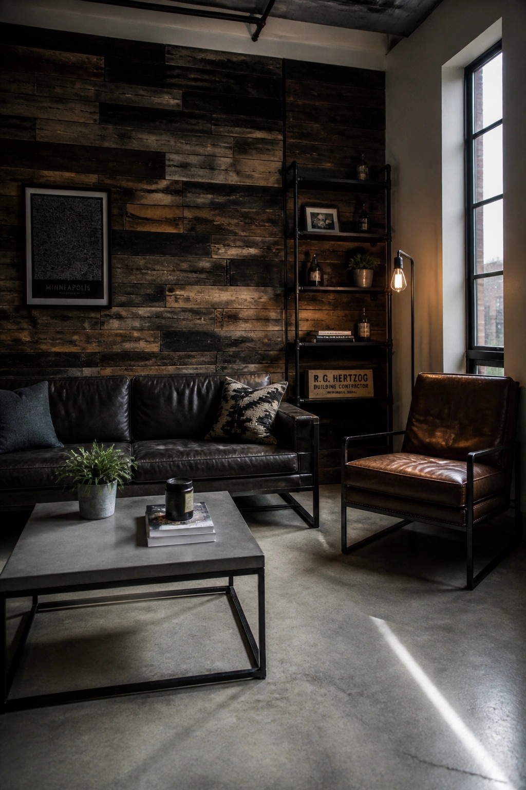 A living room featuring a dark reclaimed wood accent wall behind a black leather sofa, with a concrete coffee table and metal shelving unit.