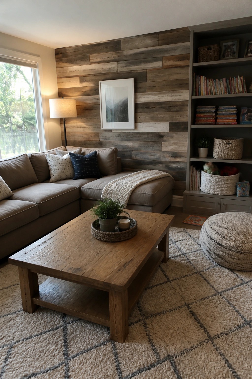 A living room featuring a large reclaimed wood accent wall behind a brown sectional sofa, with a wooden coffee table and built-in gray bookshelf on the right.