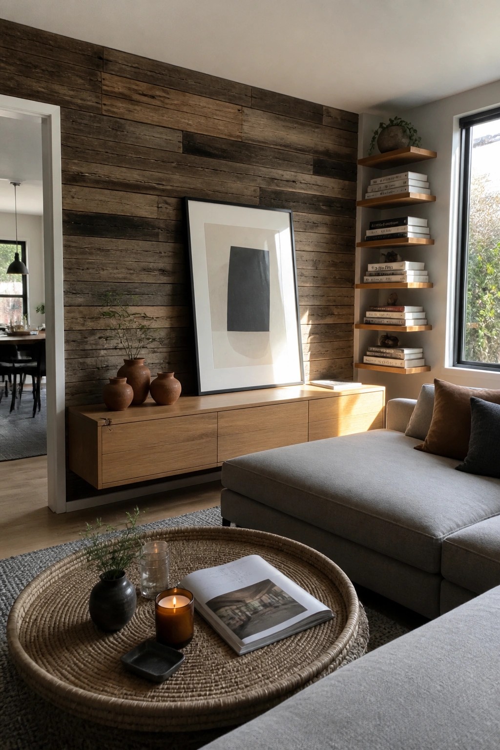 Living room with horizontal reclaimed wood accent wall, floating light wood console, large framed art, and gray sectional sofa.