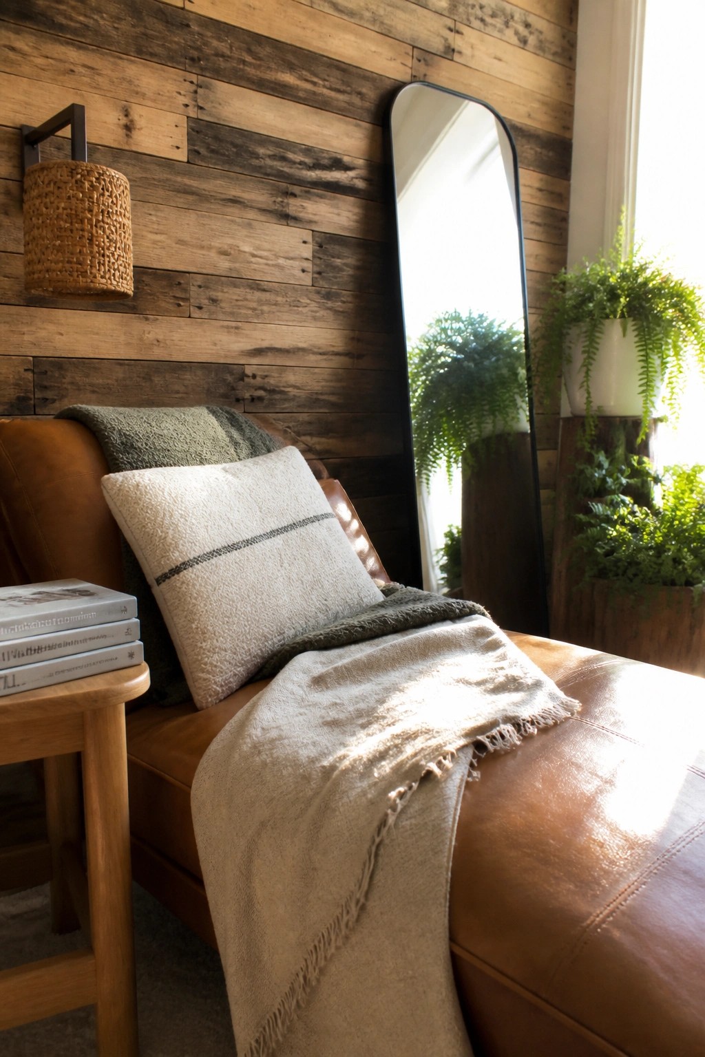 A living room corner shows a horizontal reclaimed wood accent wall behind a brown leather chaise with neutral throws and pillows, next to a tall black-framed mirror and potted ferns.