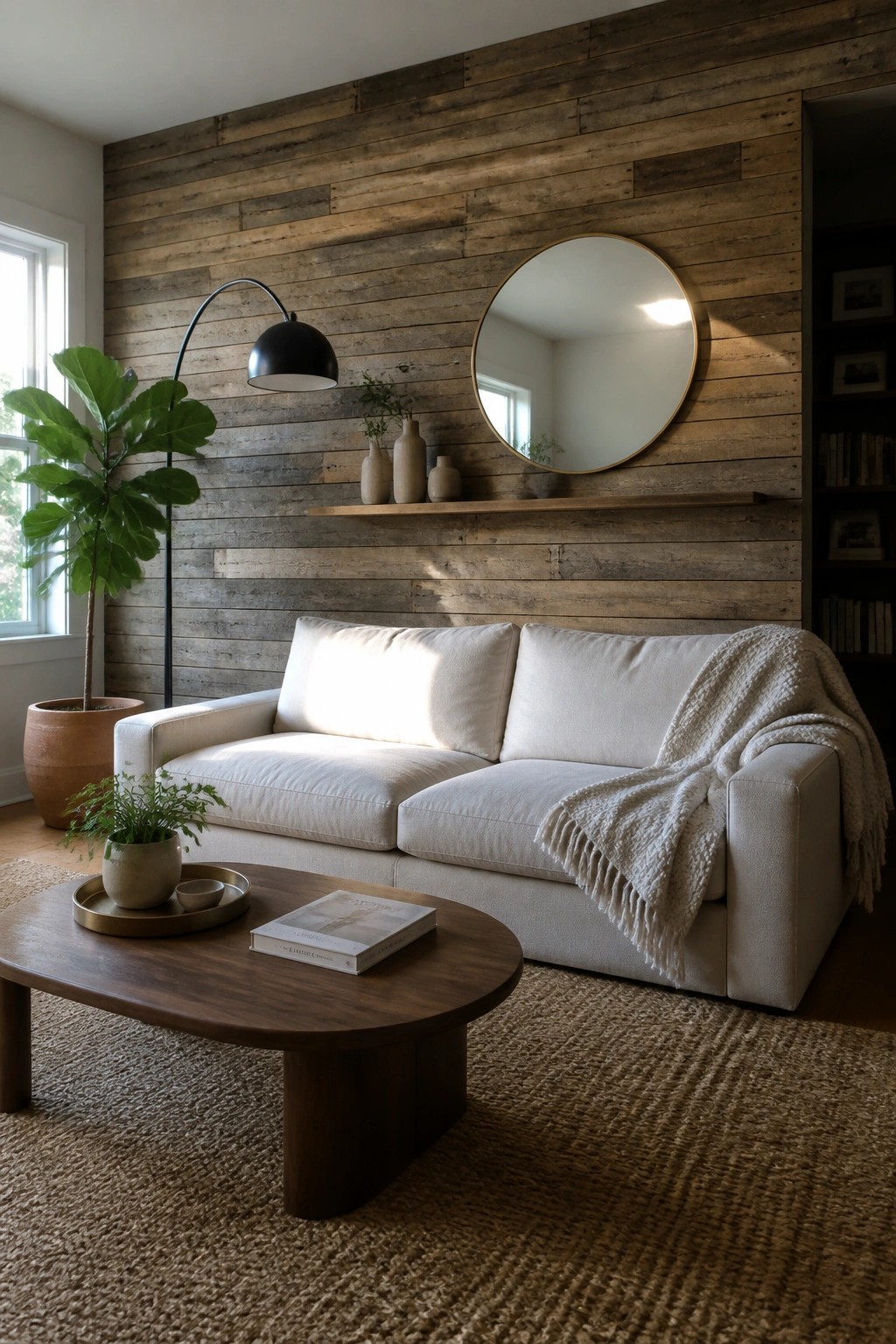 Sunlit living room with white sofa, wooden table, fiddle leaf fig, and round mirror.