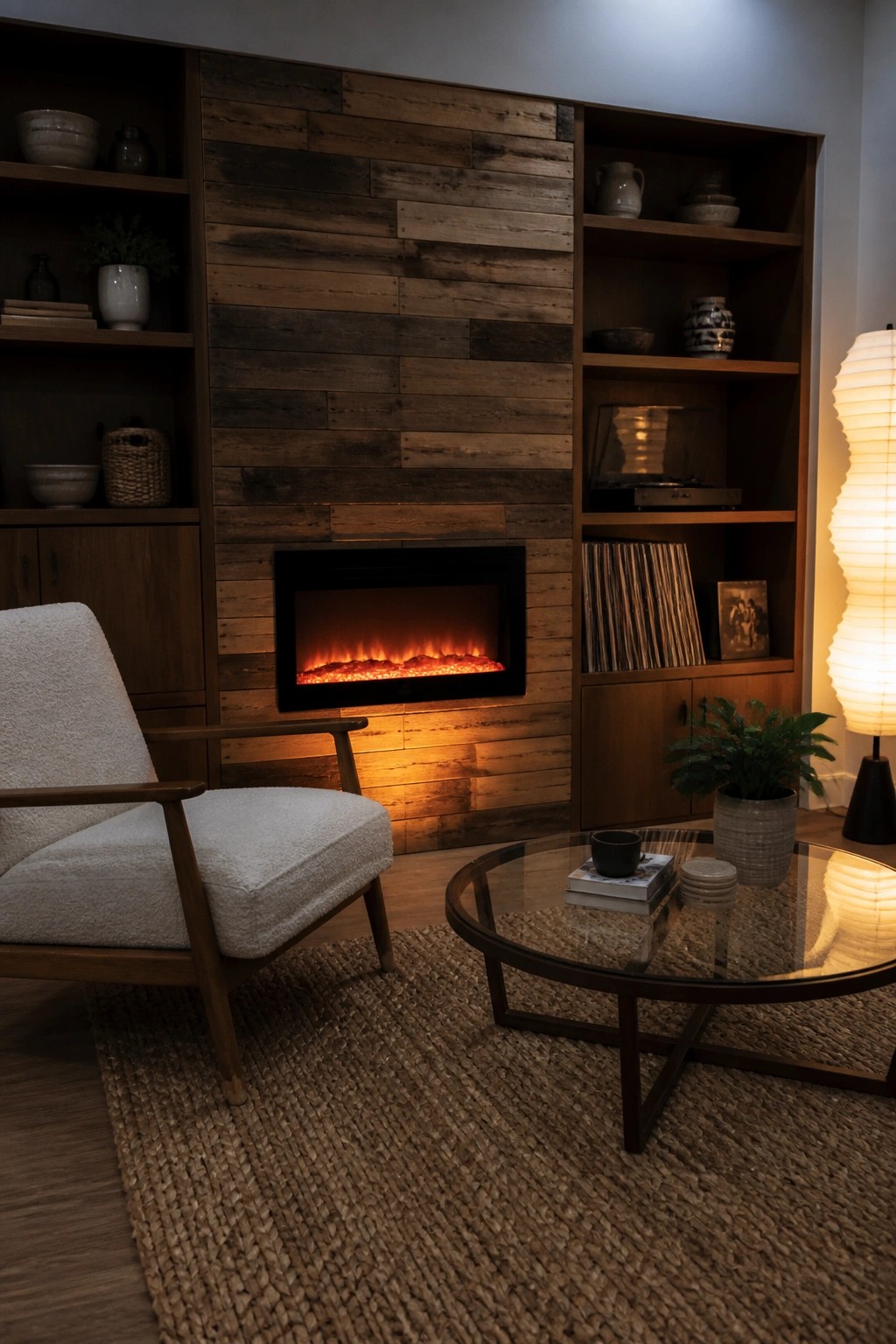 Cozy living room with electric fireplace, wooden shelves, armchair, and glass coffee table