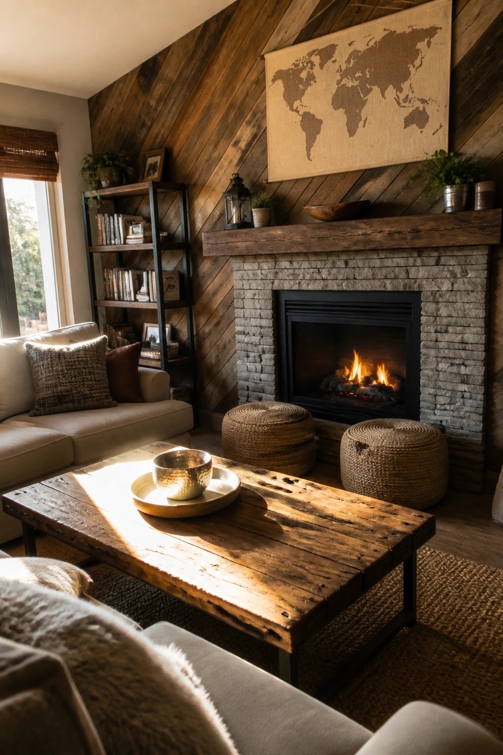 A living room featuring a stone fireplace with a black insert, a chevron reclaimed wood accent wall, and a large world map canvas above the wooden mantel.