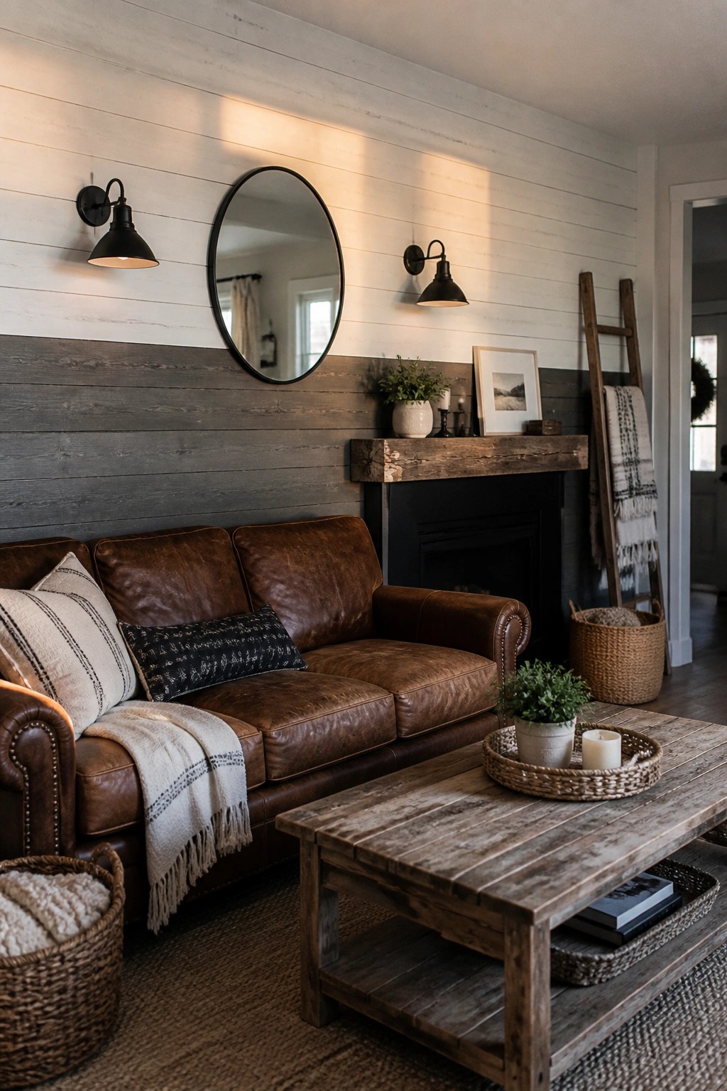 Cozy rustic living room with brown leather sofa, wooden coffee table, and fireplace.
