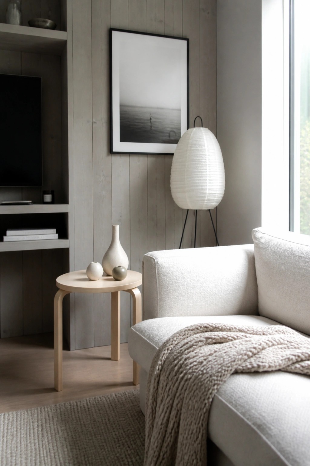 A modern living room featuring a light gray vertical wood plank accent wall, a white sofa with a beige throw, a round wooden side table with small vases, and a large black and white framed photograph.
