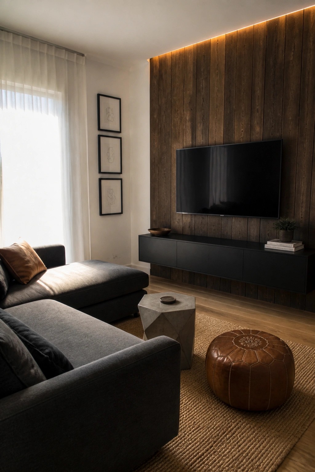 A modern living room features a vertical dark wood slat accent wall behind a wall-mounted television, with integrated top lighting, a floating black media console, and a gray sectional sofa in the foreground.