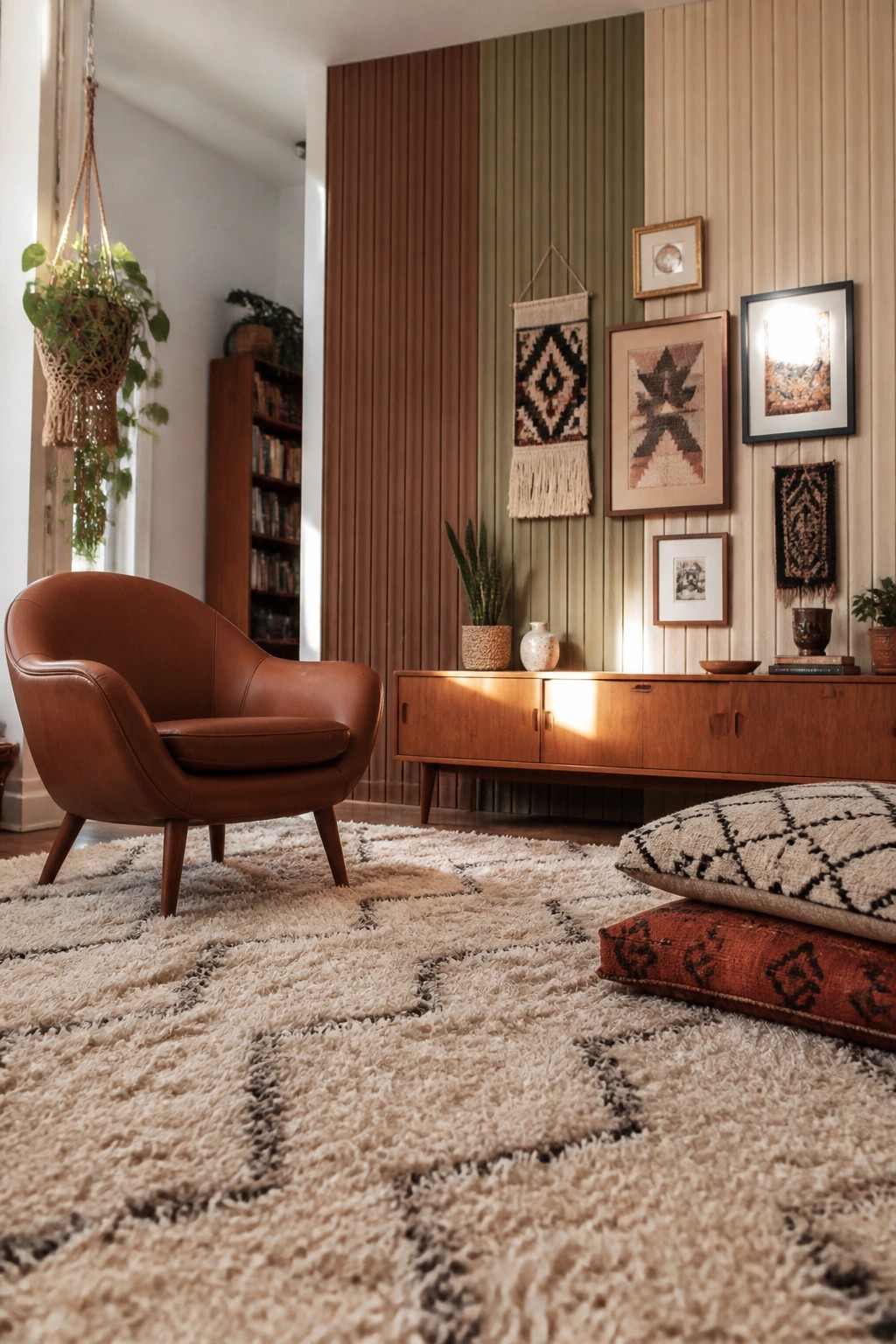 A living room with a brown leather chair on a shag rug facing a vertical wood slat accent wall in mixed brown and green tones, with a wooden console below woven wall hangings.