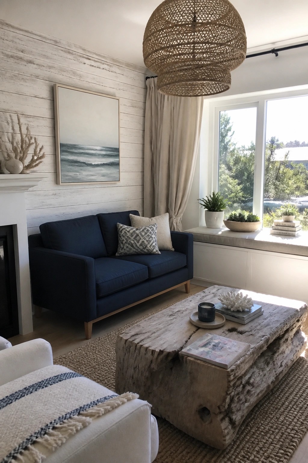 Living room interior showing a whitewashed horizontal wood plank accent wall behind a navy blue sofa, with a large woven pendant light overhead.