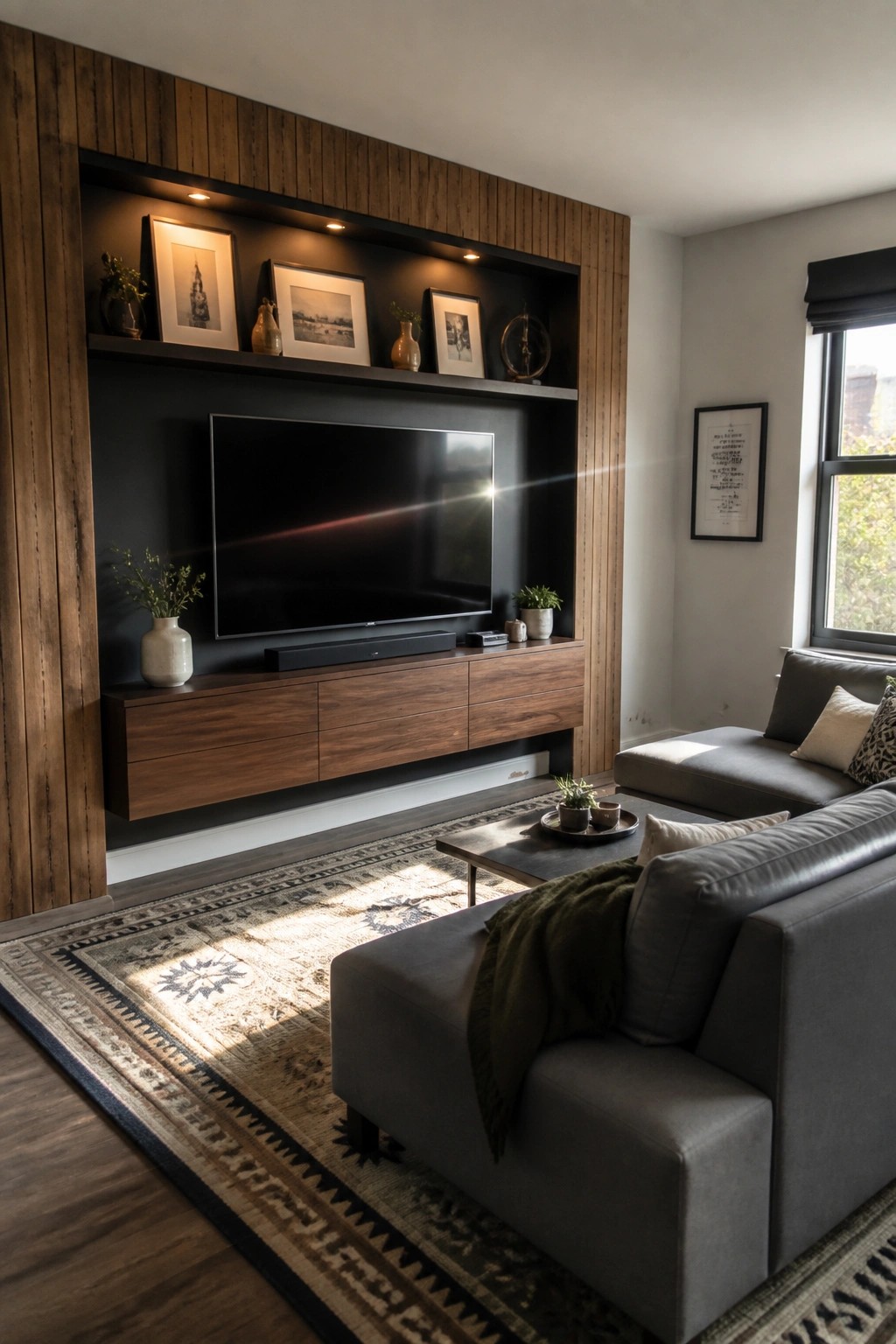 A living room featuring a vertical wood slat accent wall with a recessed black niche holding a mounted television, floating shelves, and a wooden media console below.