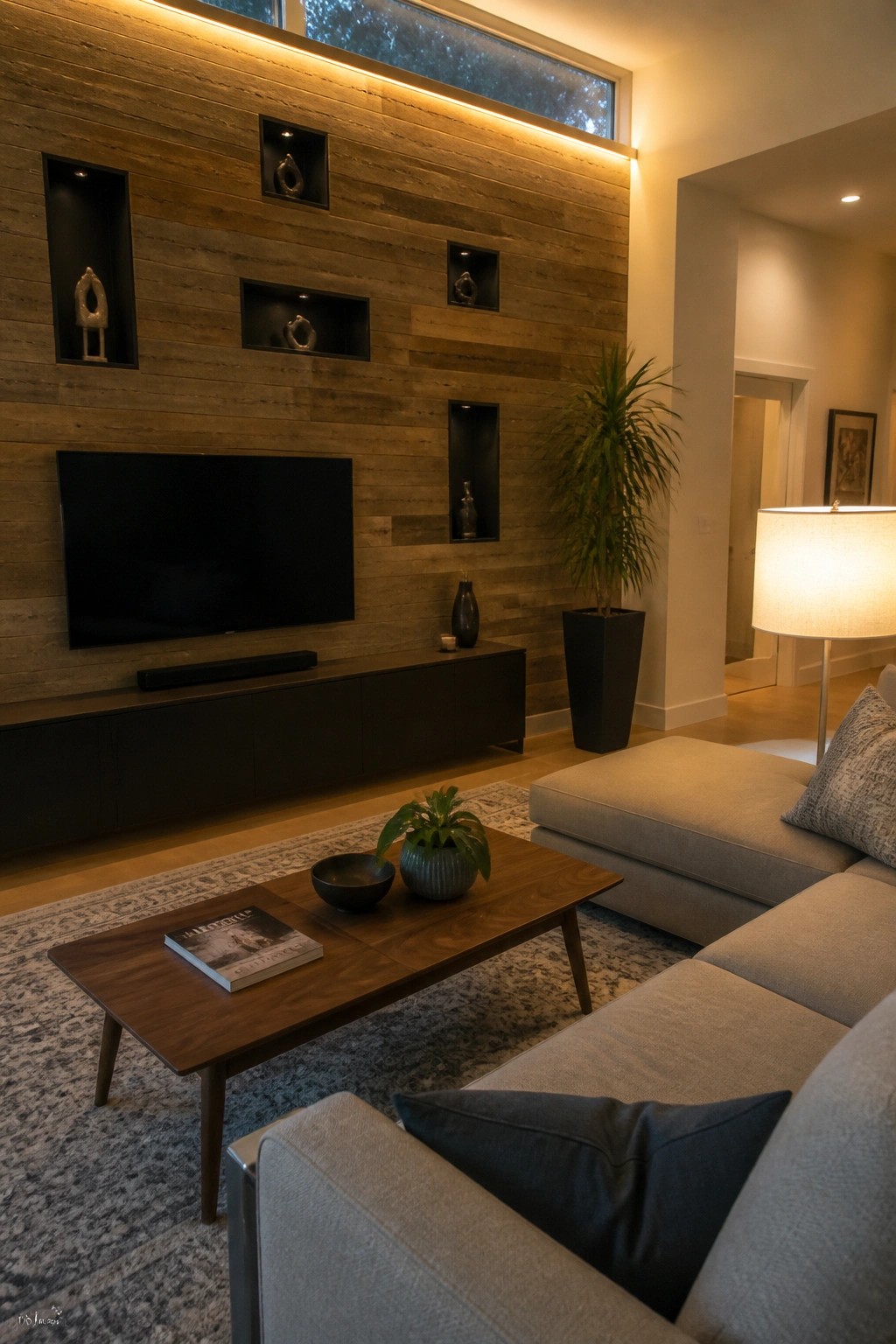 Modern living room with gray sectional sofa, wood coffee table, and lit wall niches
