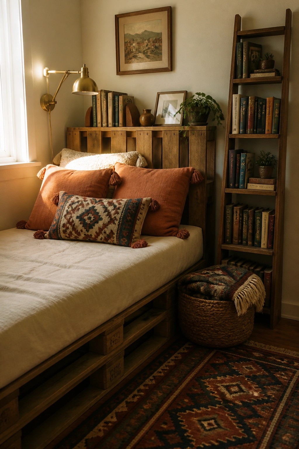 A bedroom with a low bed frame and headboard built from wooden pallets, orange pillows, a wall sconce, and a tall bookshelf on the right.