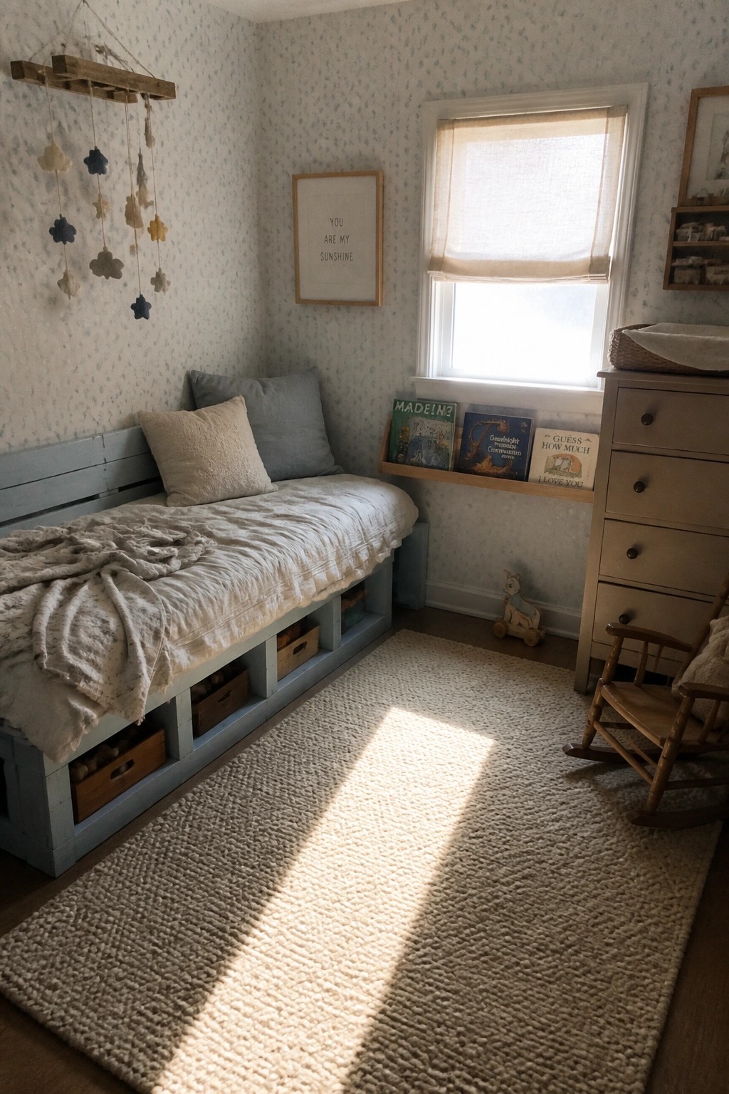 A small bedroom with a blue painted pallet used as a low bed frame, storage crates visible underneath, and soft bedding on top.