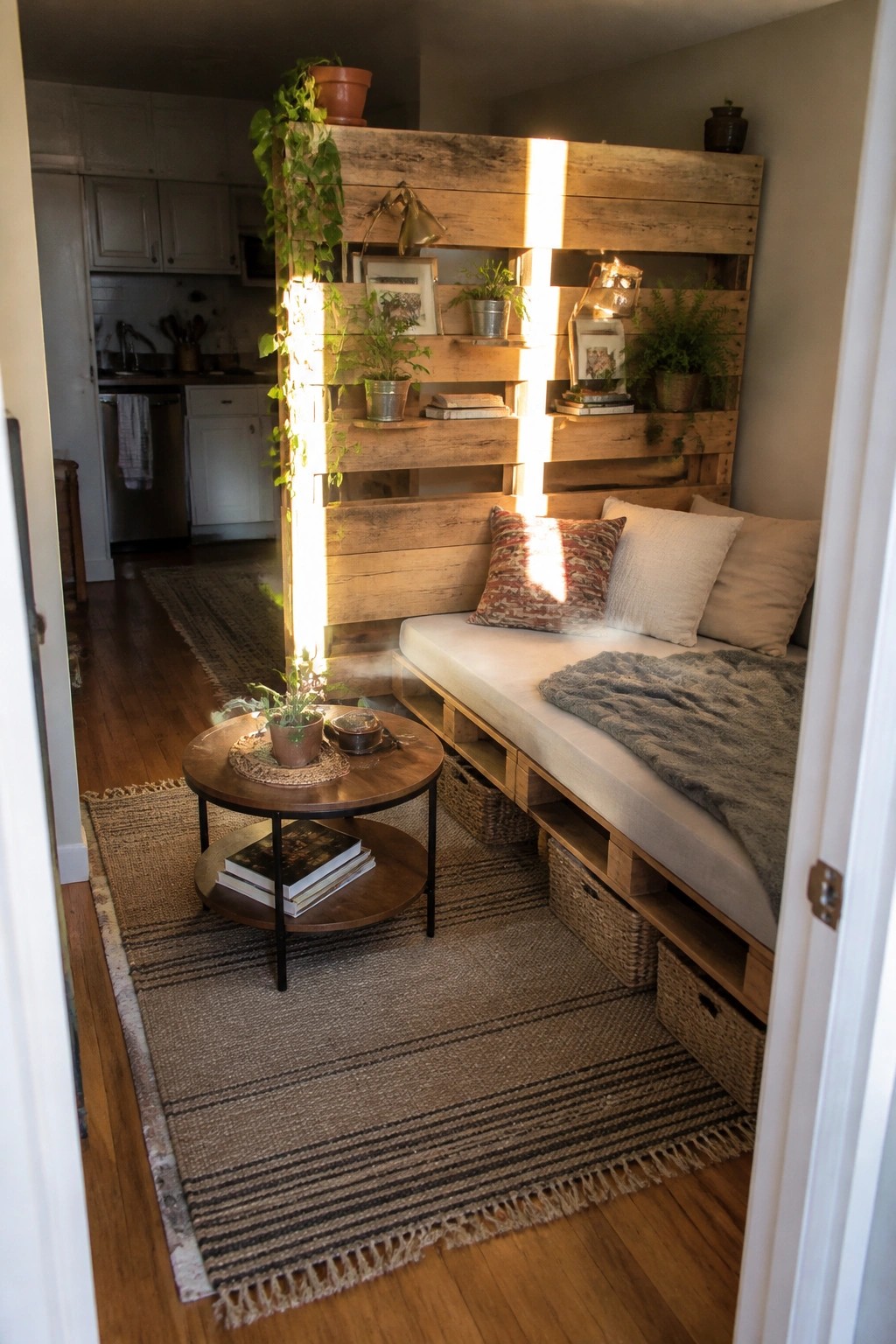 A small indoor nook with a wooden pallet daybed topped with cushions and a gray throw, storage baskets below, and a round coffee table on a striped rug.