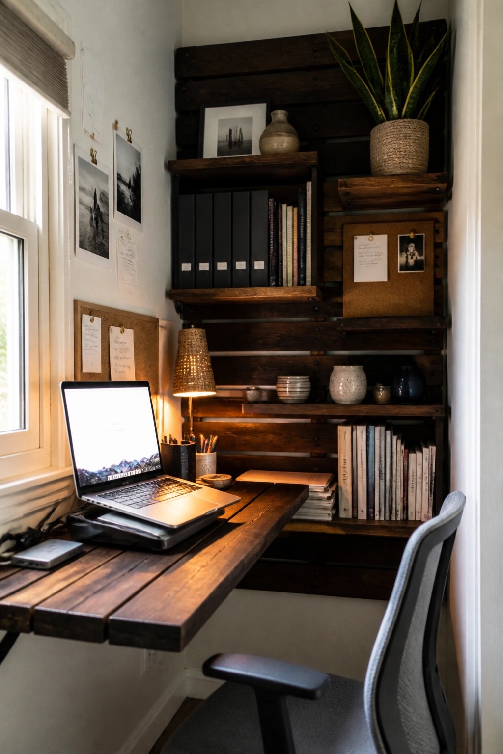 A compact workspace features a dark wooden pallet desk with a laptop open on top, overhead pallet shelves holding books and small items, and a gray office chair in front.