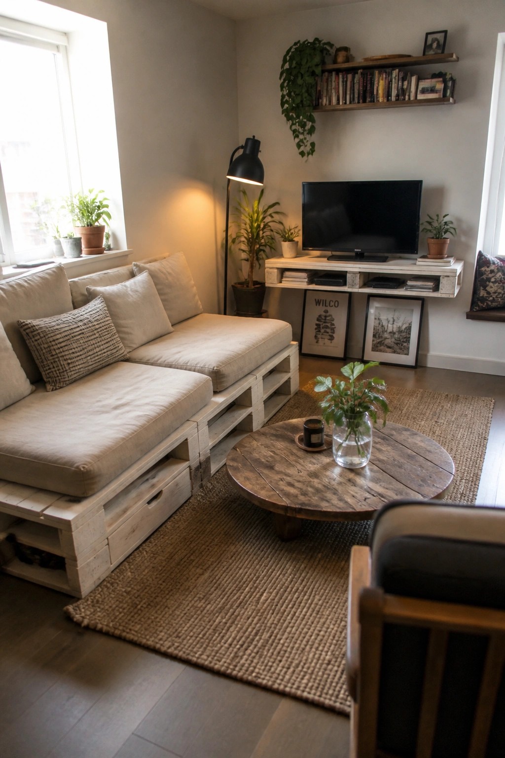 A living room featuring a low sofa built from wooden pallets with beige cushions, a round wooden coffee table on a woven rug, and a wall-mounted TV above a white shelf.