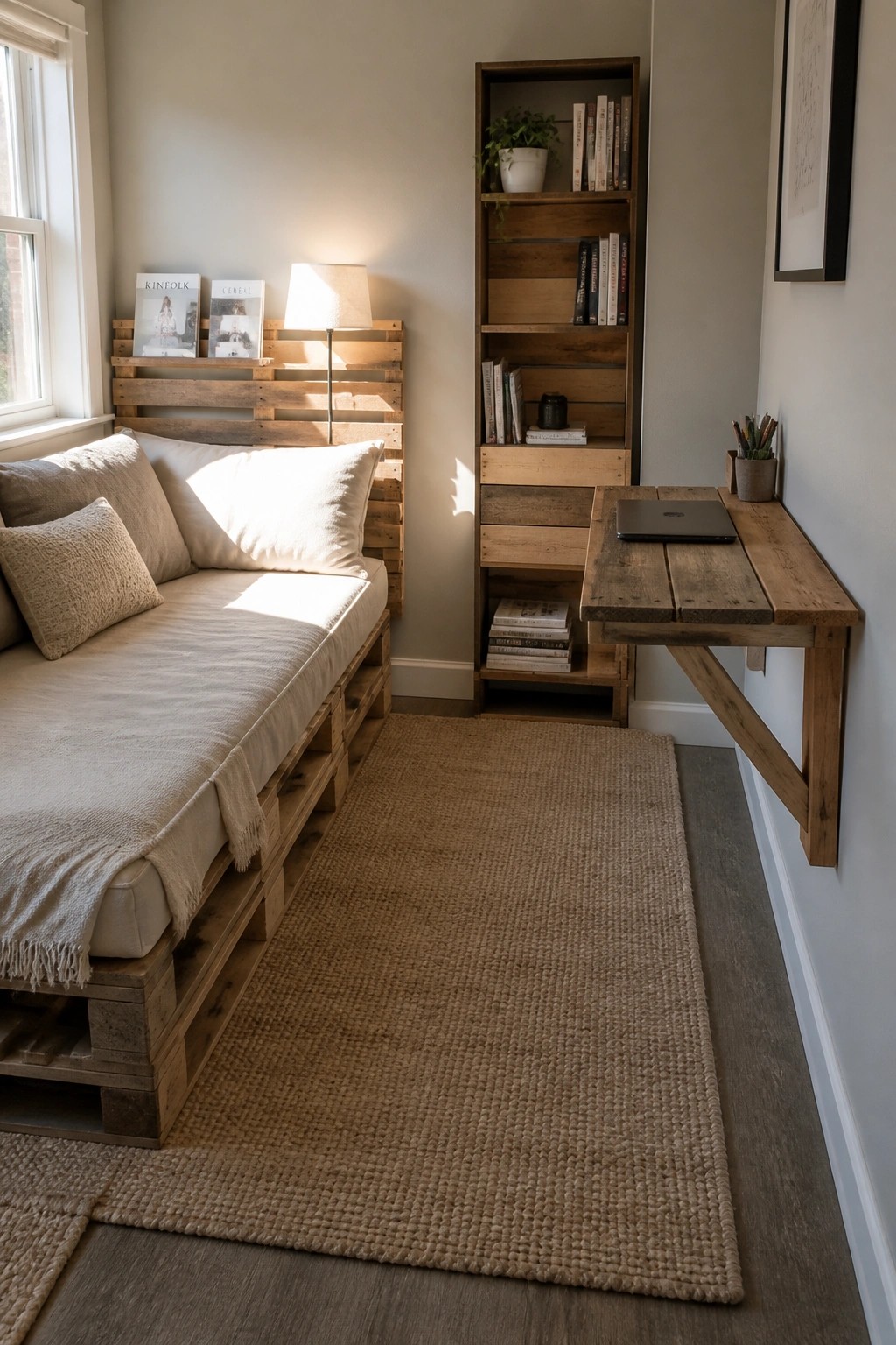 A small room with a pallet daybed, tall pallet bookshelf, and wall-mounted pallet desk arranged on a woven rug.