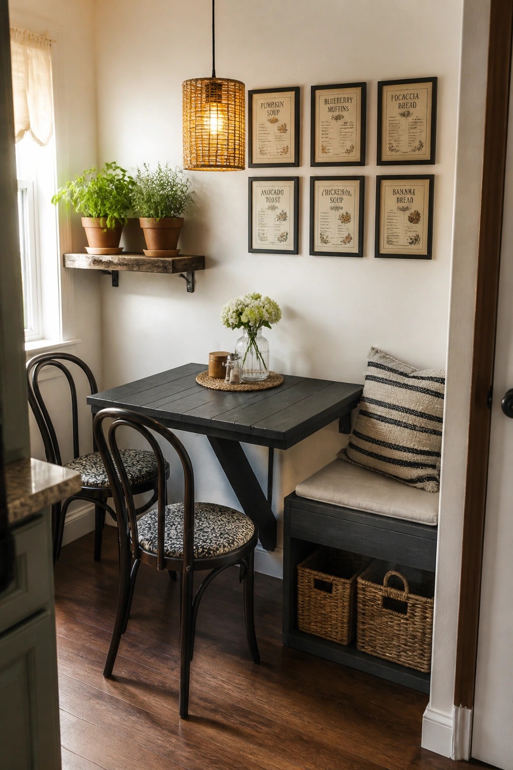 Rustic breakfast nook with dark table, framed recipes, woven pendant light, and bench.