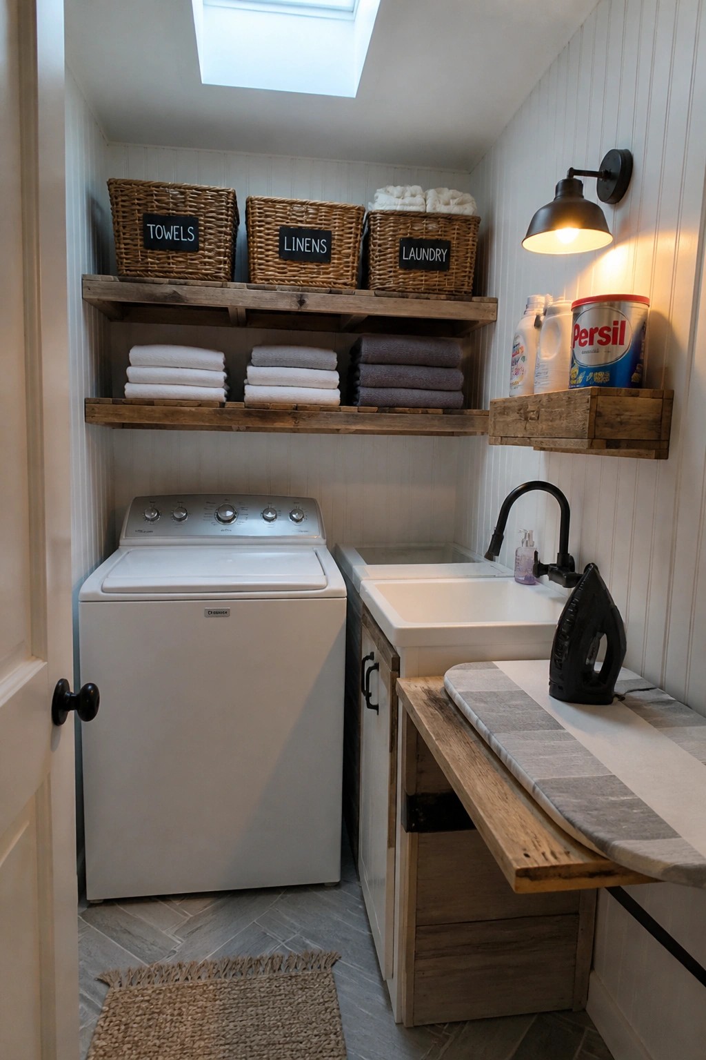 A compact laundry room featuring a white washing machine, utility sink with black faucet, wooden wall shelves with baskets and towels, and a fold-down ironing board on a reclaimed wood platform.