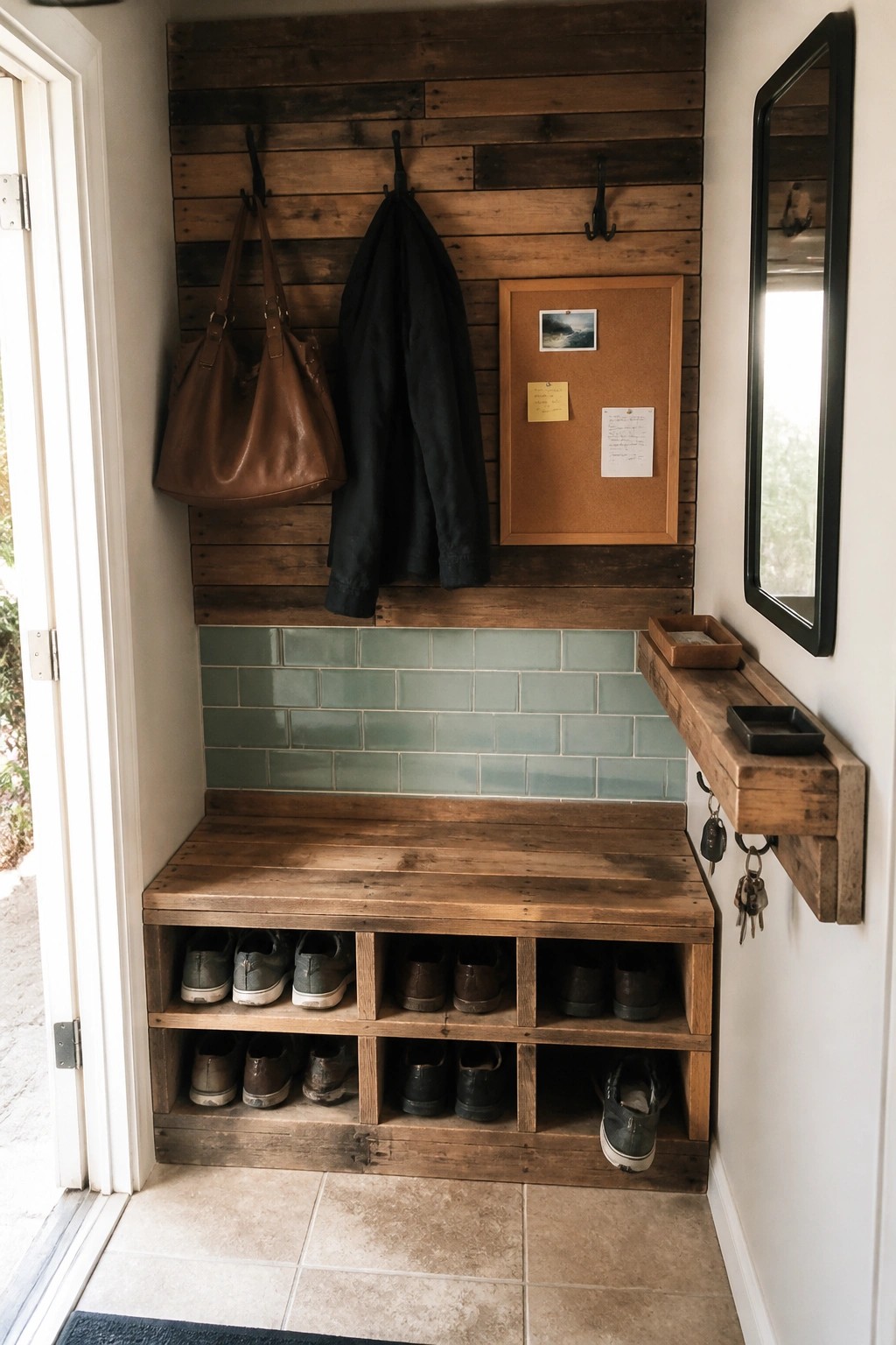 Rustic wooden bench with shoe cubbies, hooks holding bag and jacket, blue tiles