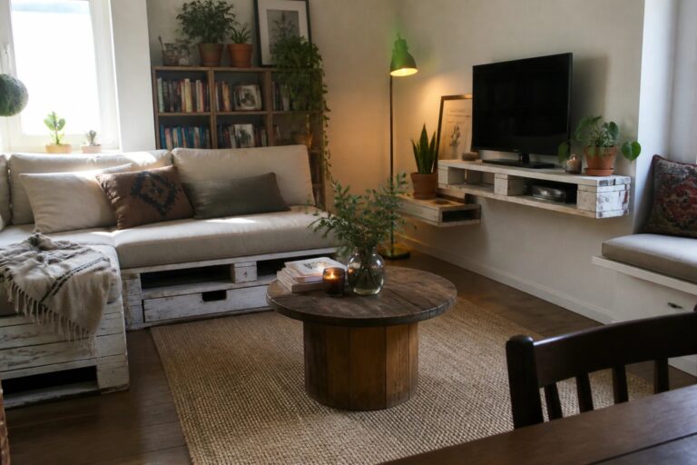 24 Smart Pallet DIY Ideas Designed for Small Spaces A living room featuring a low sofa built from wooden pallets with beige cushions, a round wooden coffee table on a woven rug, and a wall-mounted TV above a white shelf.