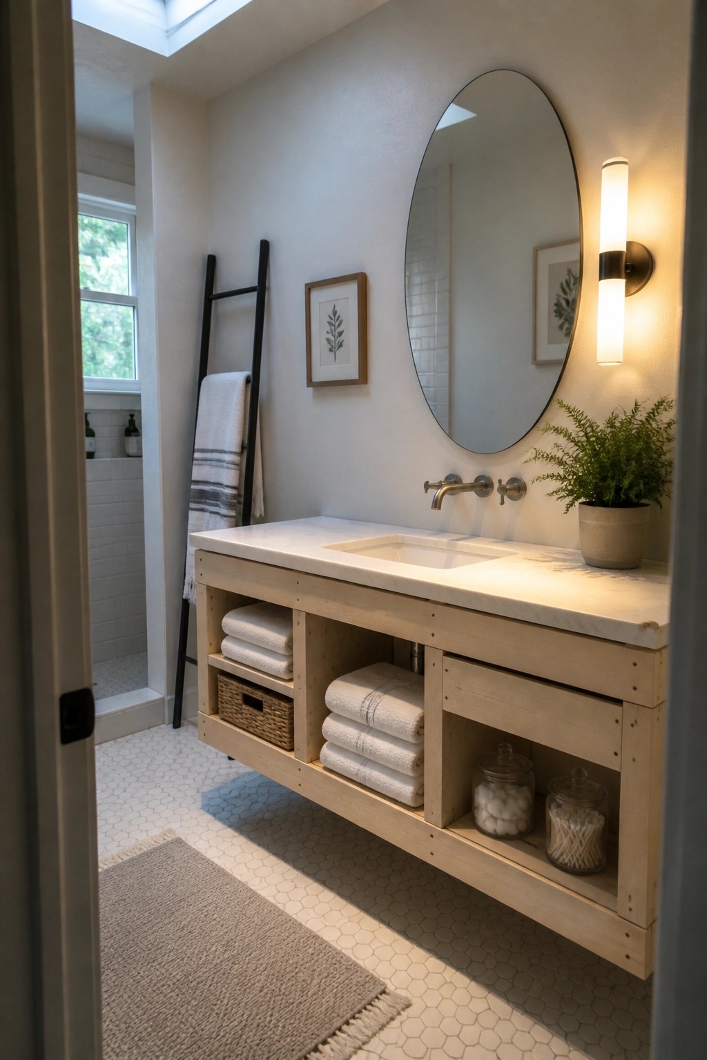 A light wood floating bathroom vanity with open shelves holding stacked towels and baskets, white countertop sink, round mirror, and wall sconce.