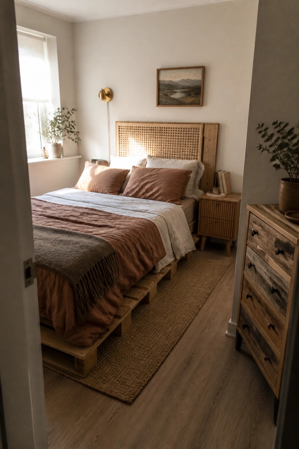 A small bedroom featuring a bed constructed from stacked wooden pallets with brown and white bedding, a woven headboard, and a jute rug on light wood flooring.