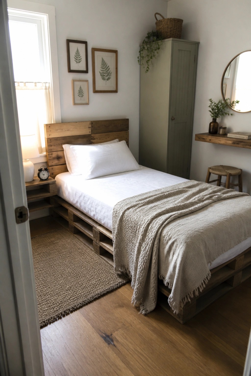 Rustic bedroom with pallet bed, white linens, beige throw, green wardrobe, and woven rug.