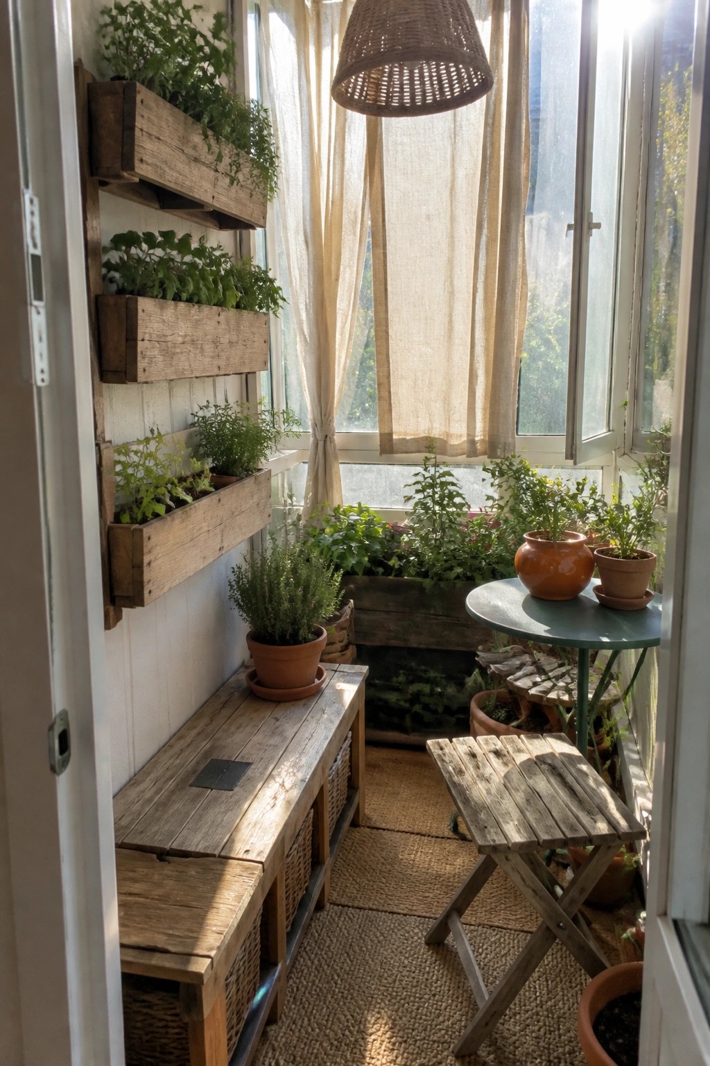 A narrow balcony furnished with a low wooden pallet bench holding woven baskets underneath, wall mounted pallet planters filled with greenery, a small round table, and a folding stool beside large windows with sheer curtains.