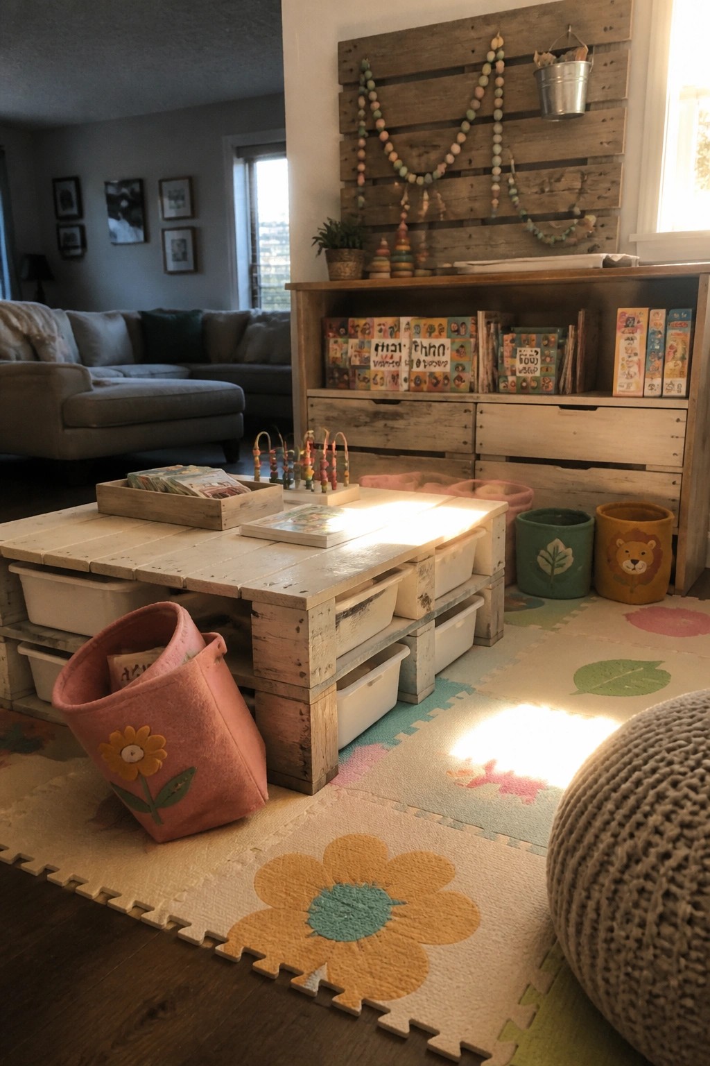 A wooden pallet coffee table with storage bins underneath sits on a colorful foam play mat in a living room with books and toys on top.