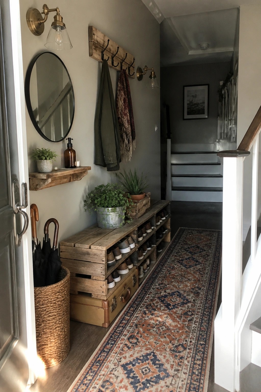 A narrow hallway with stacked wooden pallet crates used as shoe storage along the wall and a long patterned runner rug on the floor.