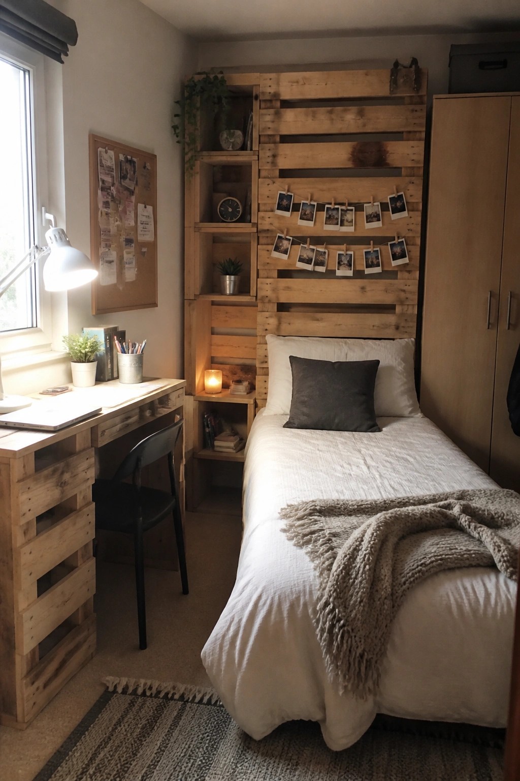 A small bedroom with a wooden pallet headboard and shelves, a matching pallet desk, and a single bed with white bedding.