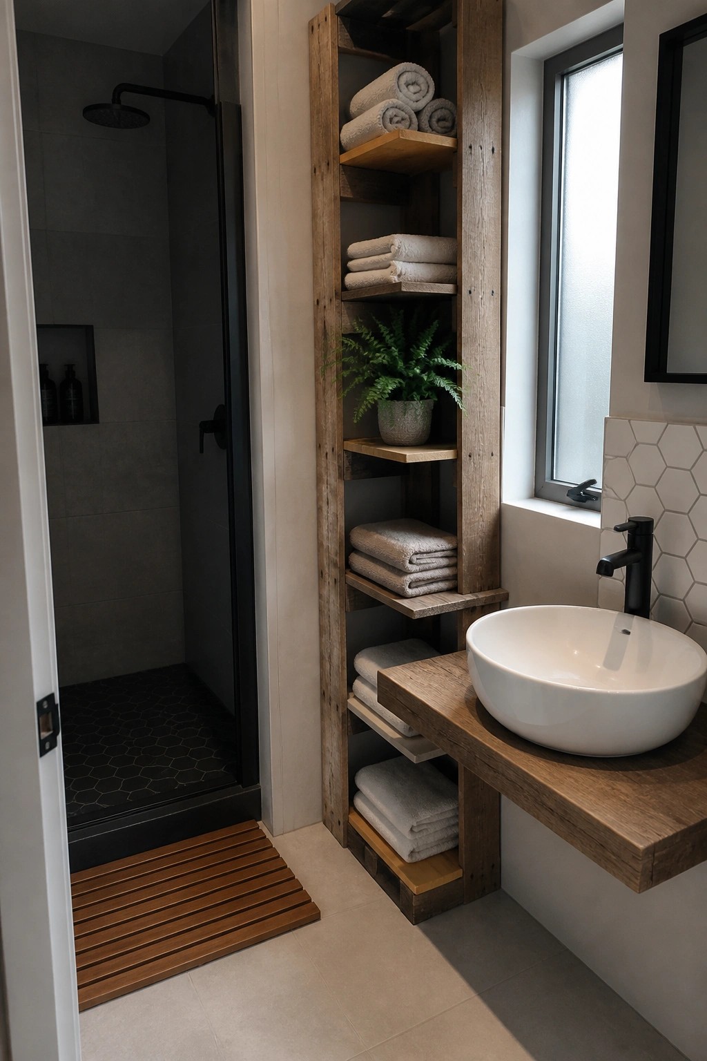 A narrow bathroom with a tall reclaimed wood shelving unit holding folded towels and a potted plant, a white vessel sink on a wooden counter, and a shower visible to the left.