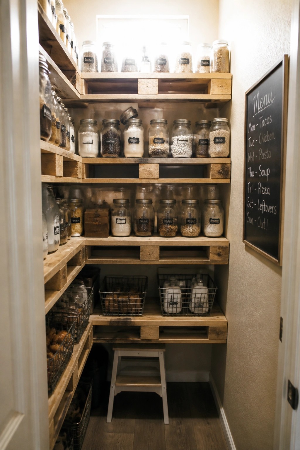 Wooden pallet shelves lined with labeled glass jars beside chalkboard weekly menu in pantry