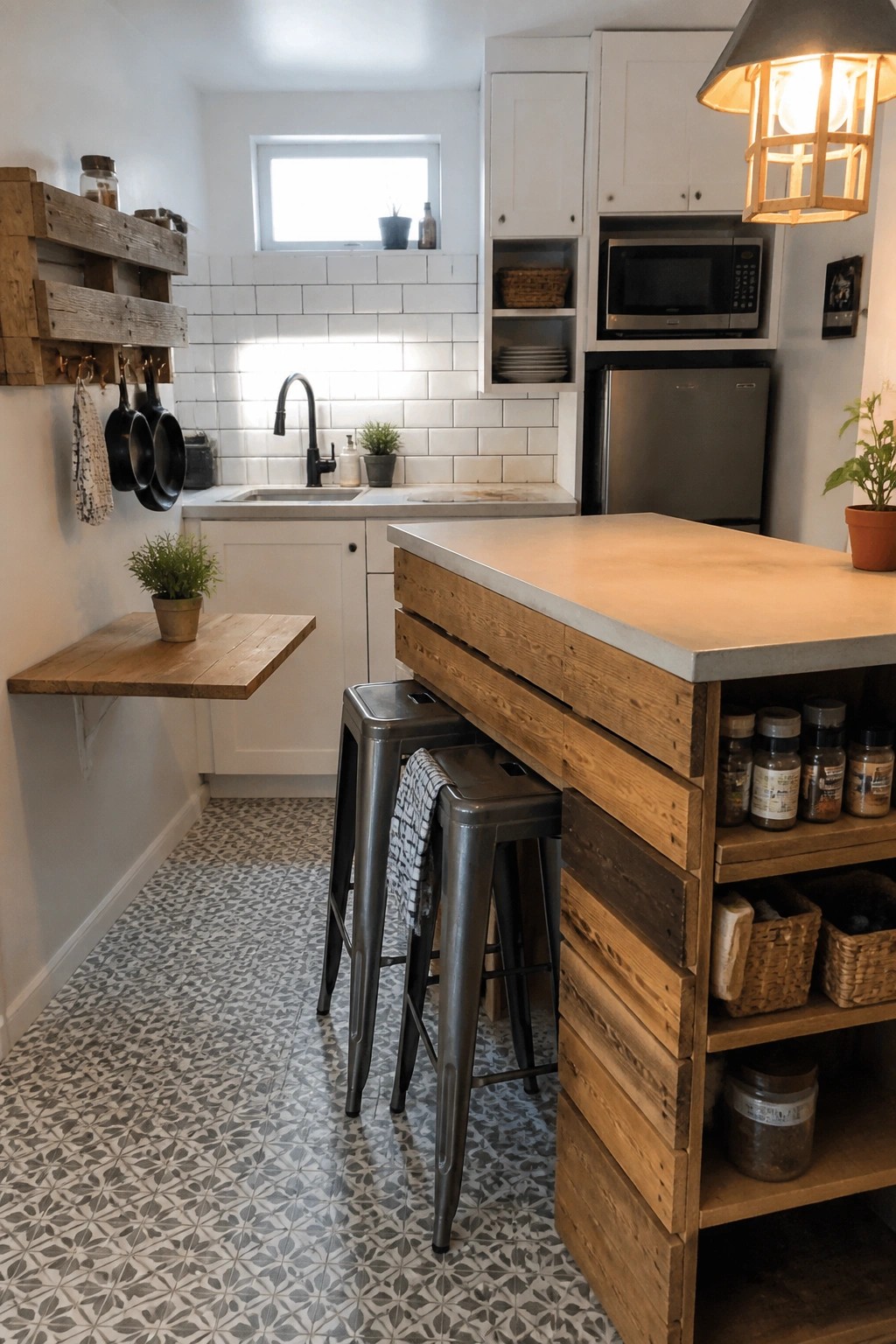 Kitchen interior with a reclaimed wood pallet island, metal stools, white cabinets, sink, and patterned floor tiles.