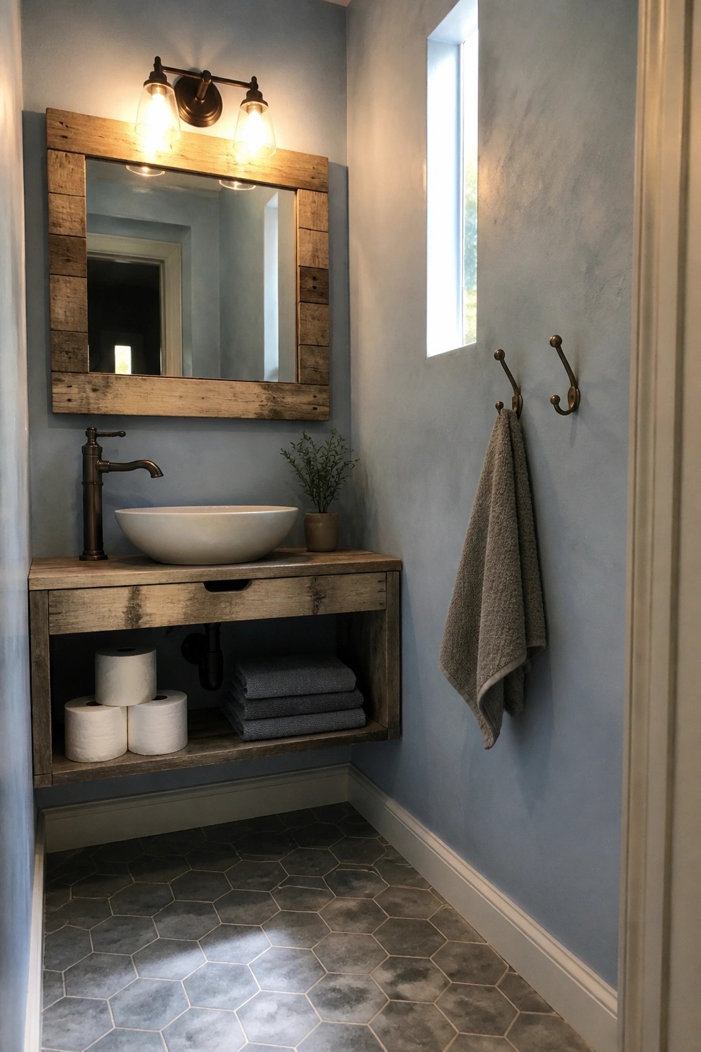 A small bathroom with blue walls features a floating reclaimed wood vanity holding a white vessel sink, open storage below with toilet paper rolls and stacked towels, and a mirror with a matching wood frame.