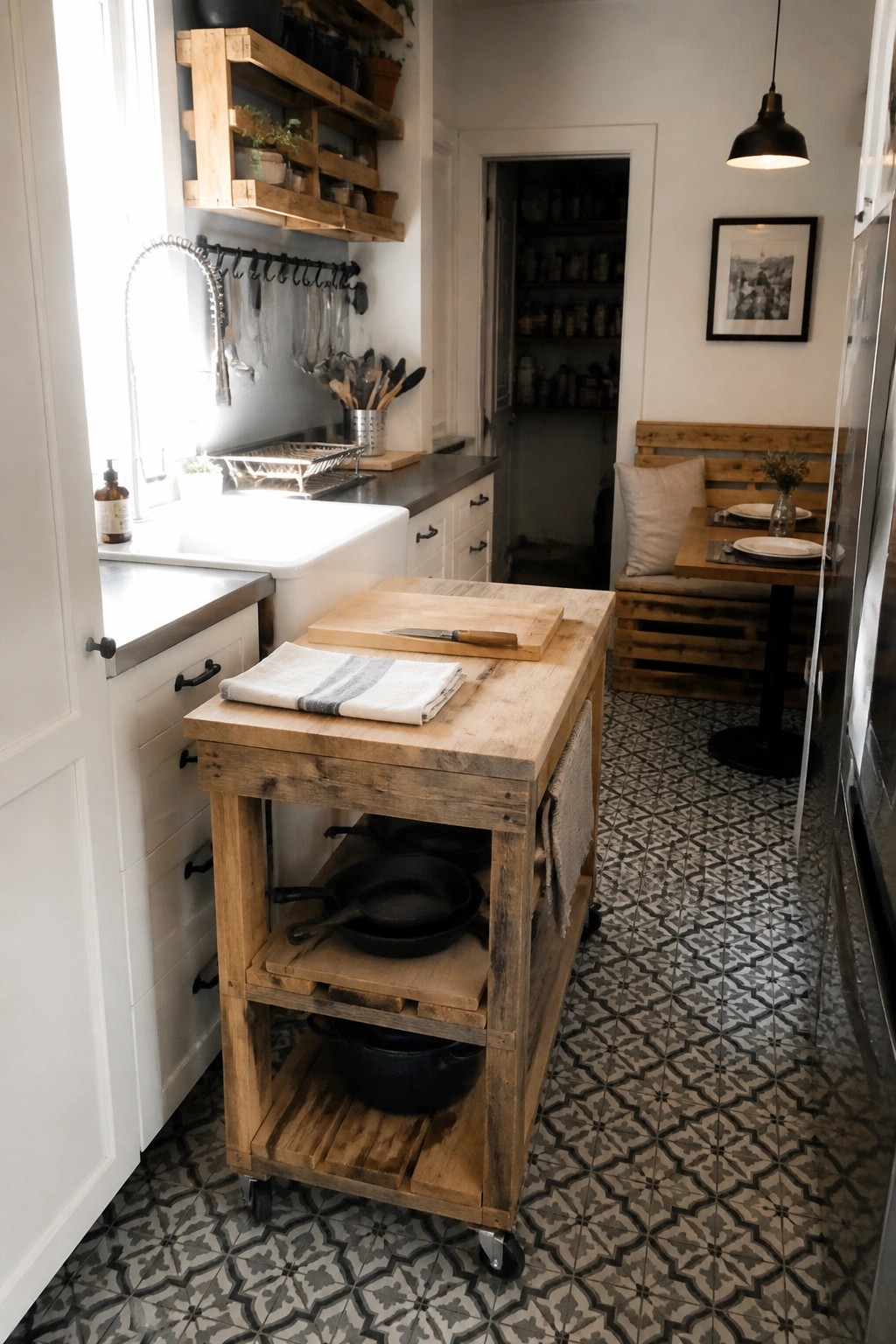 A compact kitchen with a wooden rolling cart made from pallets, used as a prep island with lower shelves holding cast iron pans.