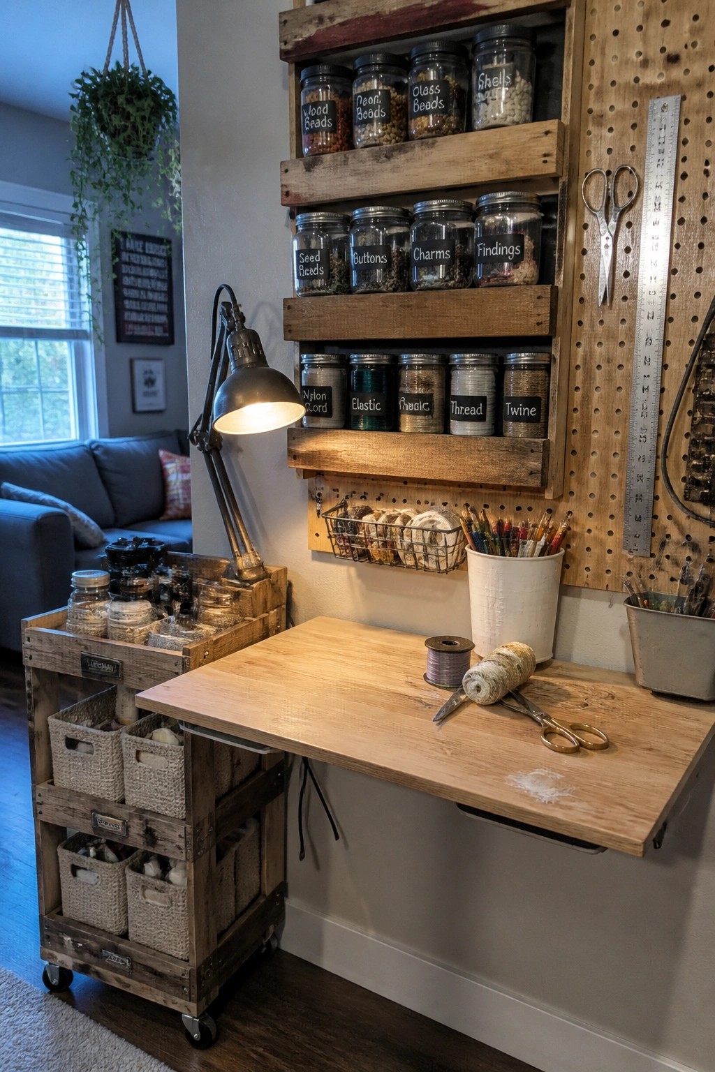 A wall-mounted wooden desk made from reclaimed boards with three rows of glass jars on shelves above it, a pegboard to the right, and a rolling pallet cart with baskets below.