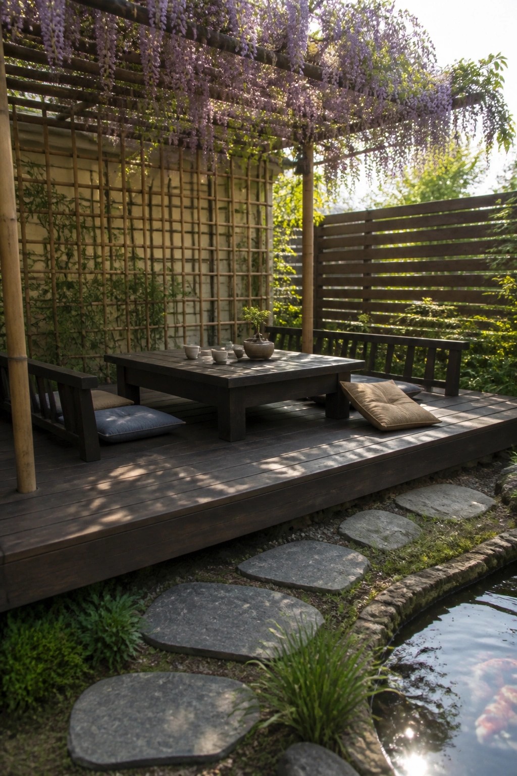 A wooden deck with a low square table and benches under a pergola covered in purple wisteria, next to stone stepping paths and a pond.