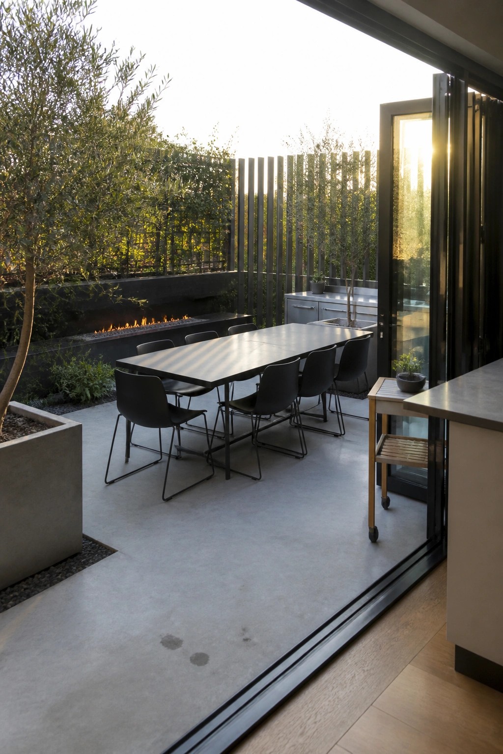 A modern outdoor patio features a long dining table with black chairs positioned directly outside open sliding glass doors, next to a concrete fireplace and raised planters.