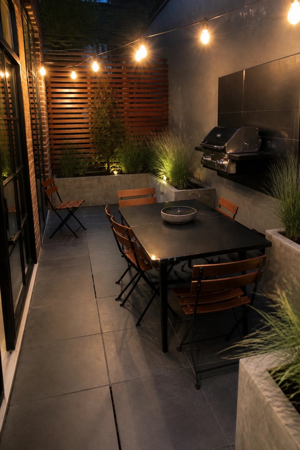 An outdoor patio at night with a rectangular black dining table, wooden folding chairs, string lights overhead, and a wall-mounted grill on the right.