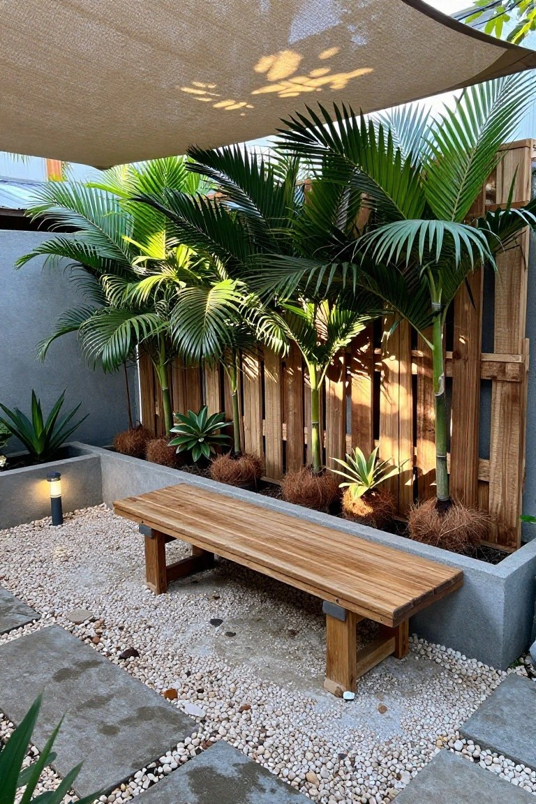 Wooden bench on pebble ground beside concrete planter with palm trees under shade sail