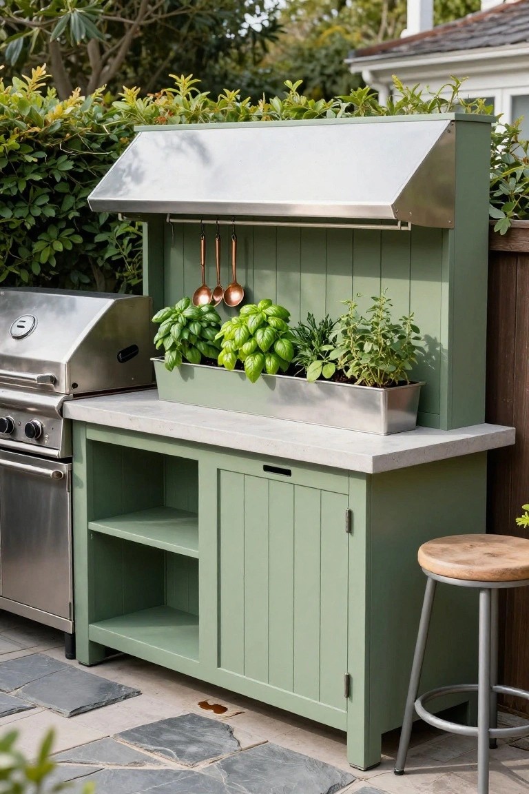An outdoor kitchen on a stone patio features a green cabinet base with open shelving, a concrete countertop, a stainless steel grill on the left, and a long metal planter filled with herbs mounted at the back under a metal hood, with a stool nearby.