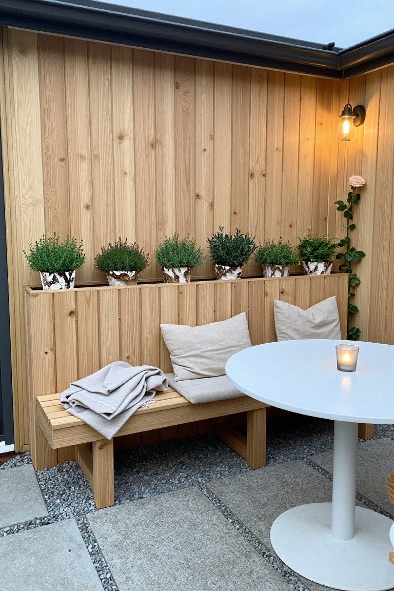 A wooden patio bench with cushions sits in front of a long wooden planter box holding several potted plants against a vertical wood wall, next to a round white table.