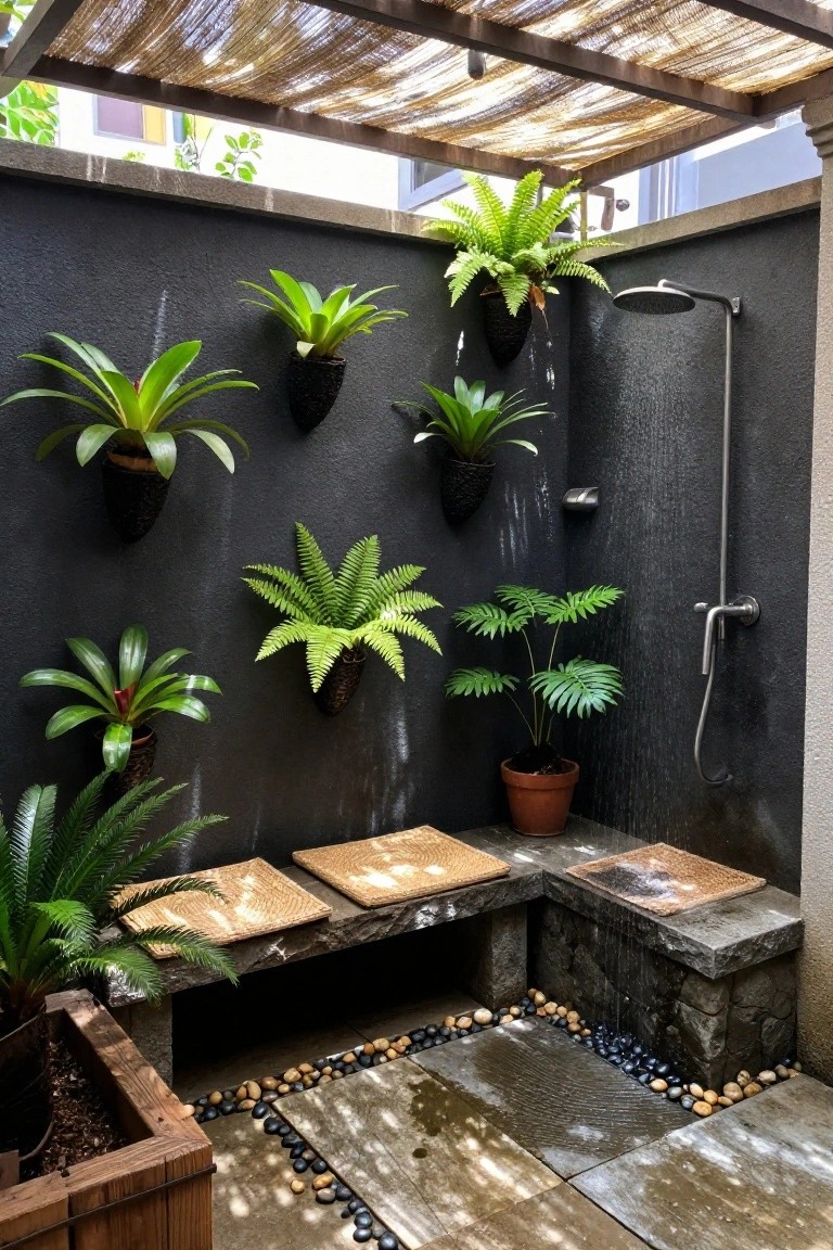 Outdoor shower with running water, potted plants on dark wall, and stone benches