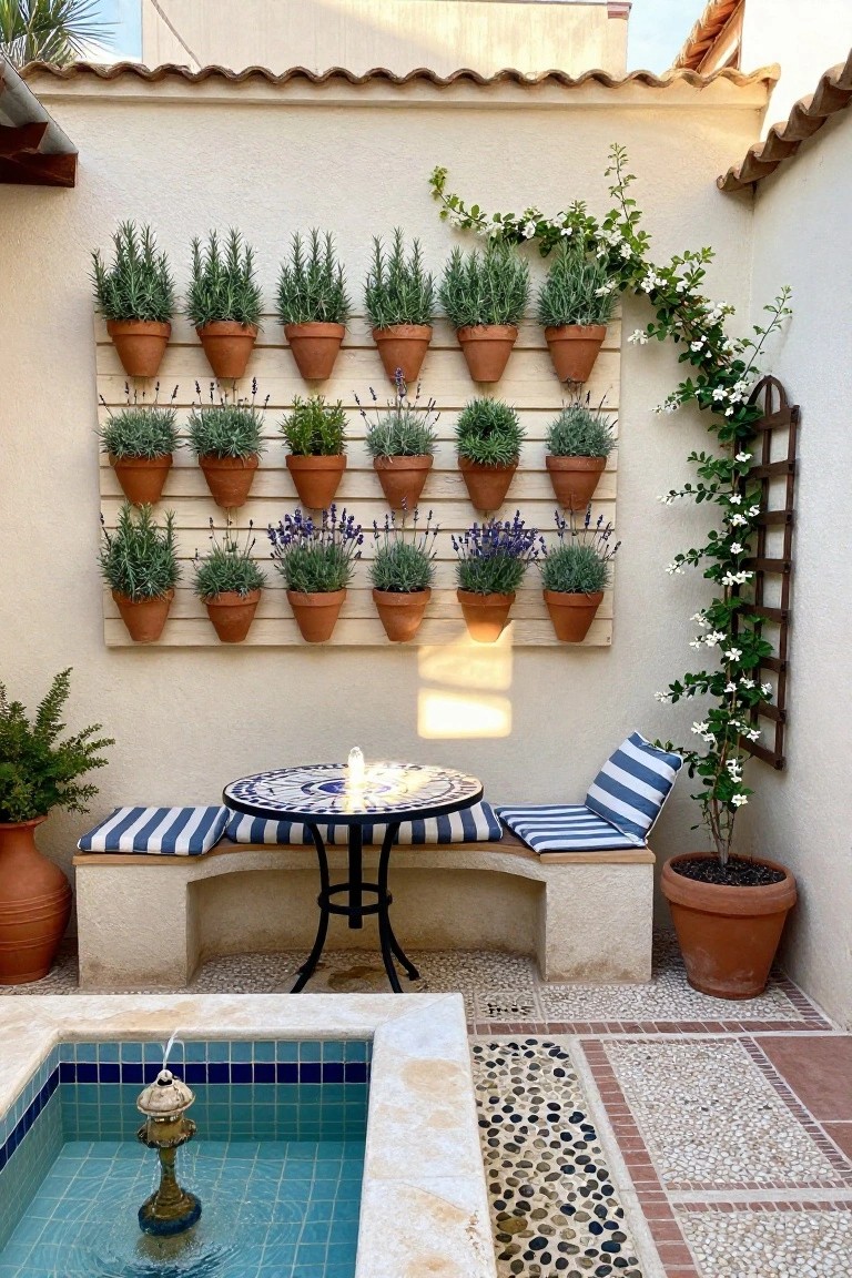 A small patio with a vertical wooden slat structure holding multiple rows of terracotta pots with green plants and lavender, positioned above a curved bench with blue and white cushions next to a small round table and a tiled fountain.